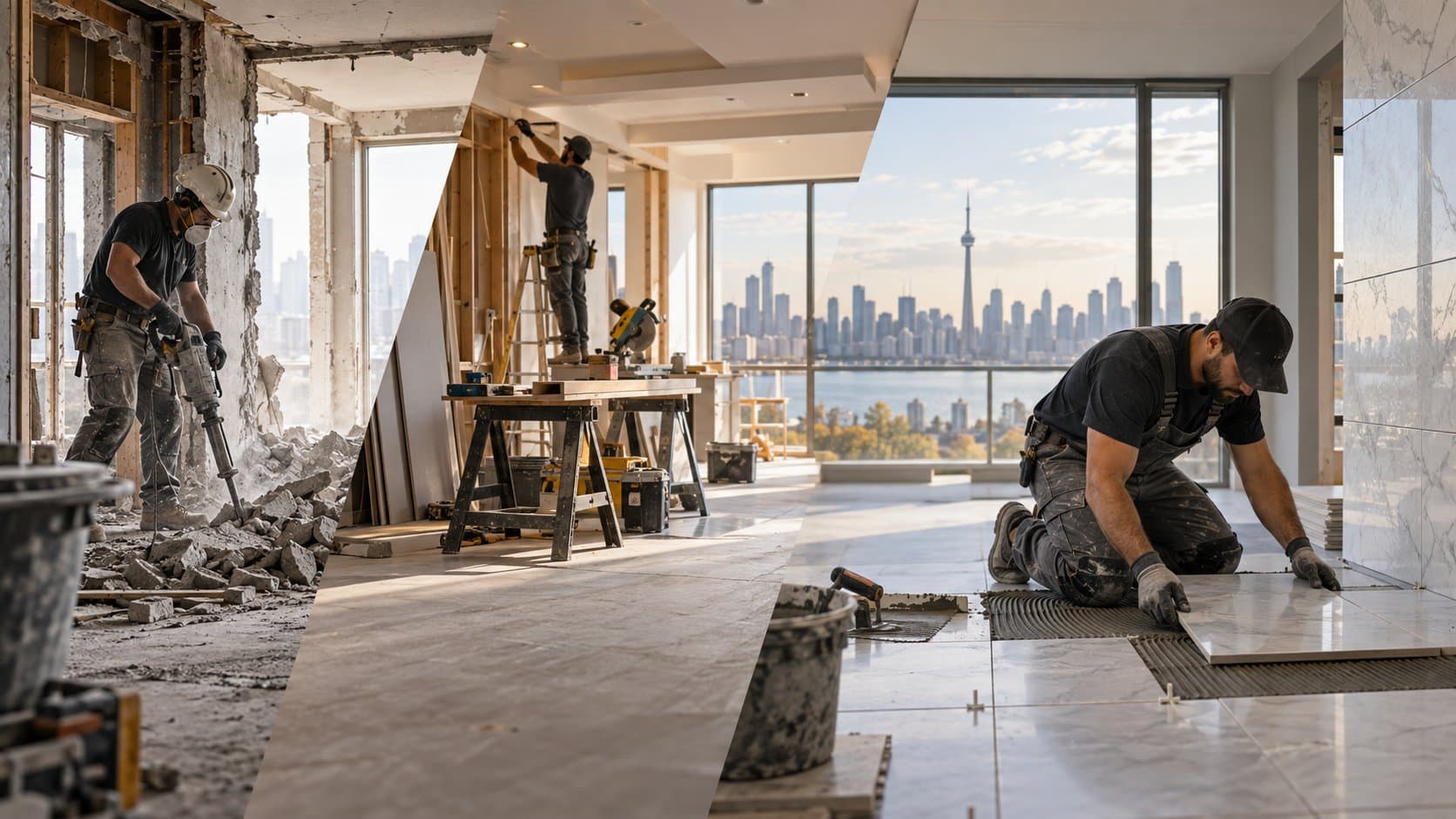 Demolition, framing, and tile installation stages of a Toronto condo renovation by YORKMAX RENO
